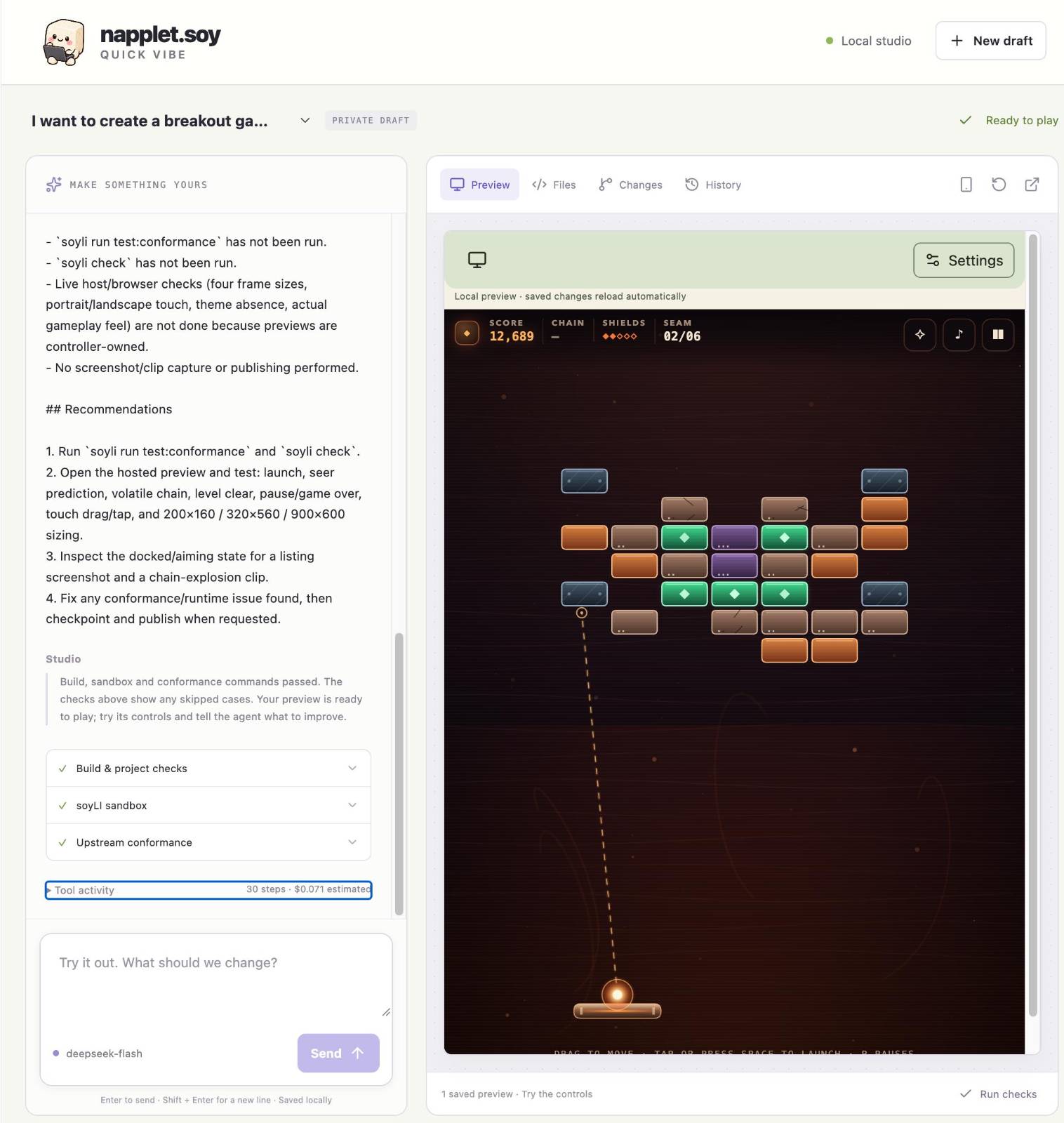 napplet.soy Studio showing an agent conversation beside a playable breakout-game preview.