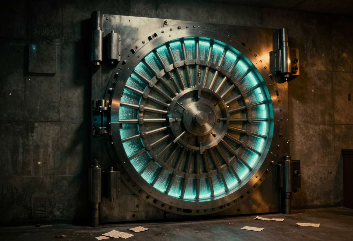 A bank vault door in a dark room