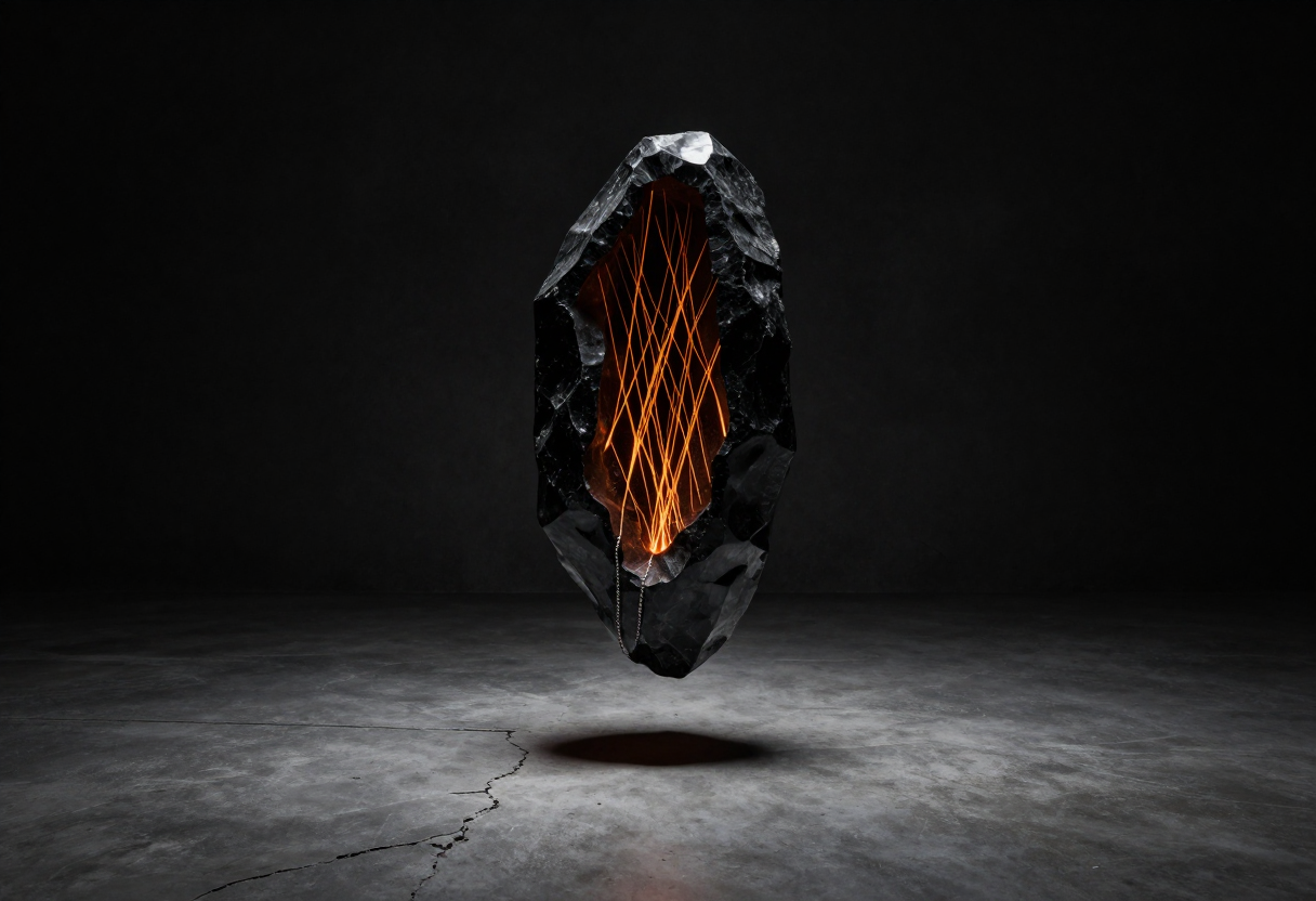 A black monolith with glowing filaments floating above a cracked floor